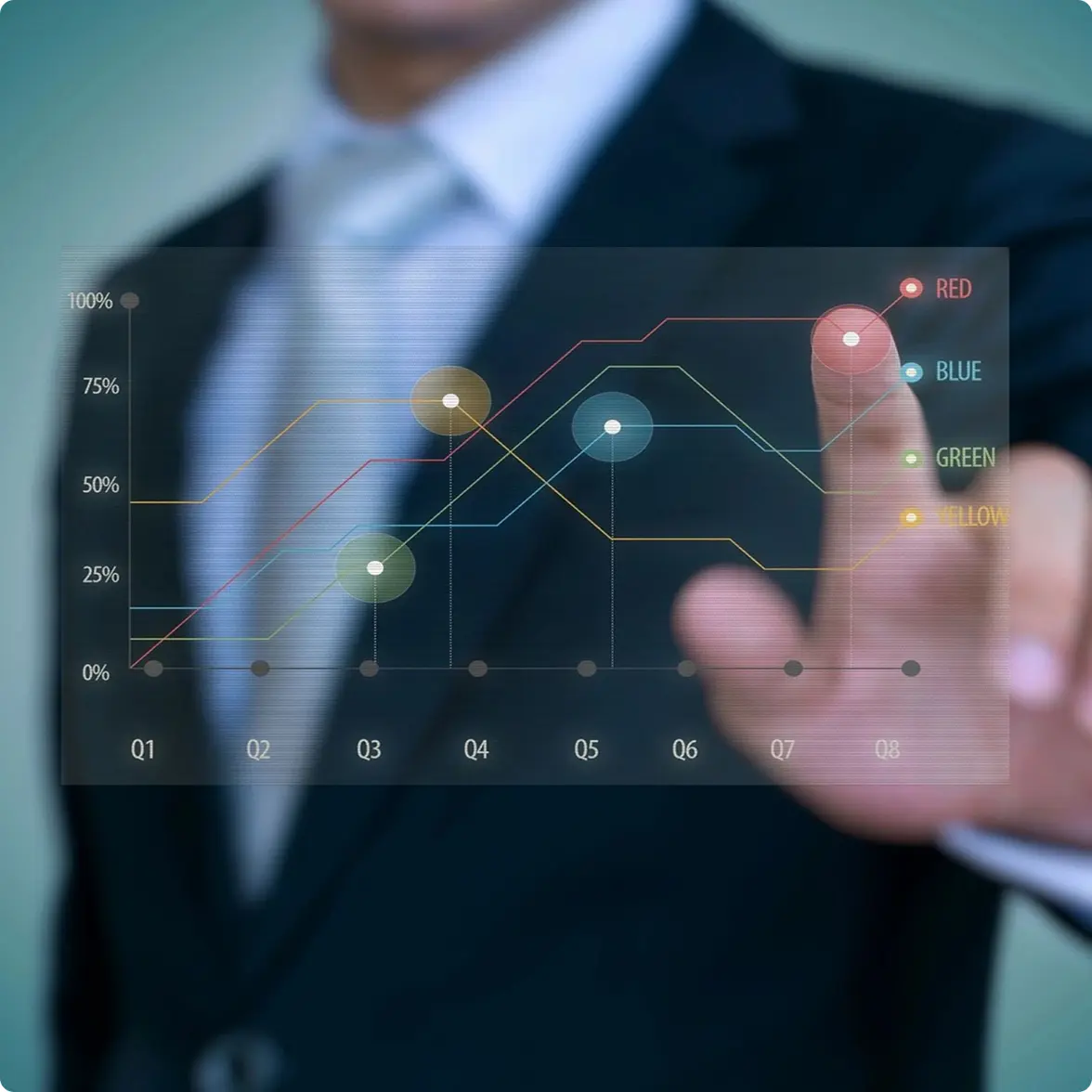 A person in a suit interacts with a transparent touch screen displaying a multi-colored line graph with data from Q1 to Q8.