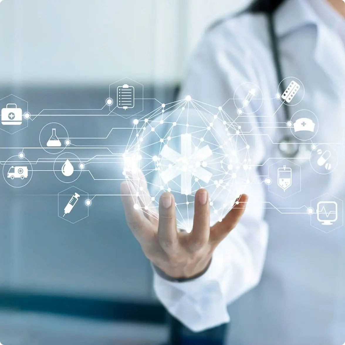 Doctor holding a digital sphere with interconnected medical icons, symbolizing healthcare technology and innovation.