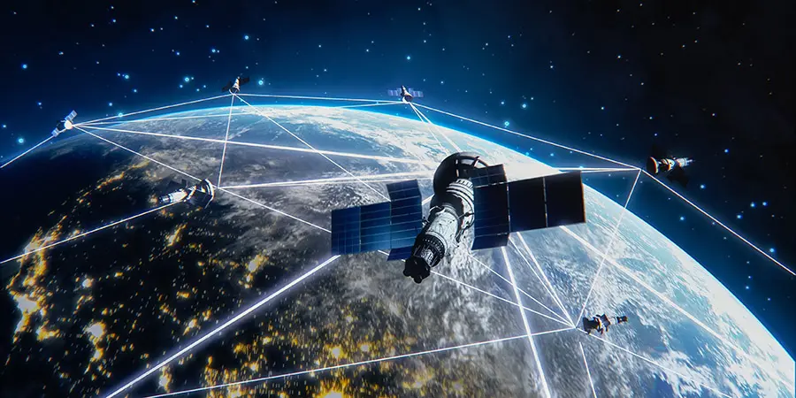 Many Satellites Flying over Earth as Seen from the Space, They Connect and Cover Planet with Digitalization Network of Information. Global Data Grid Connecting Whole World. 3D VFX Rendering