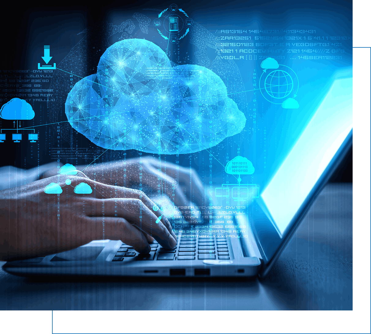 jpeg-optimizer_Industries We Serve section 1 img Hands typing on a laptop with digital cloud icons and data graphics floating above, representing cloud computing and digital technology concepts.