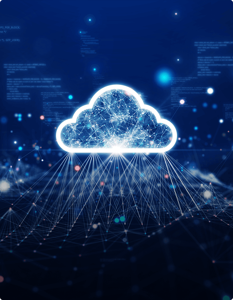 Glowing cloud icon with digital network connections and binary code on a dark background, symbolizing cloud computing and data exchange.