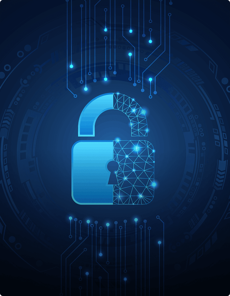A digital padlock with a circuit and geometric design against a blue technological background suggests themes of security and technology.