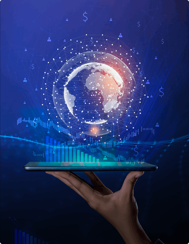 A hand holds a tablet projecting a digital globe with network connections and currency symbols, set against a blue background with financial graphs.