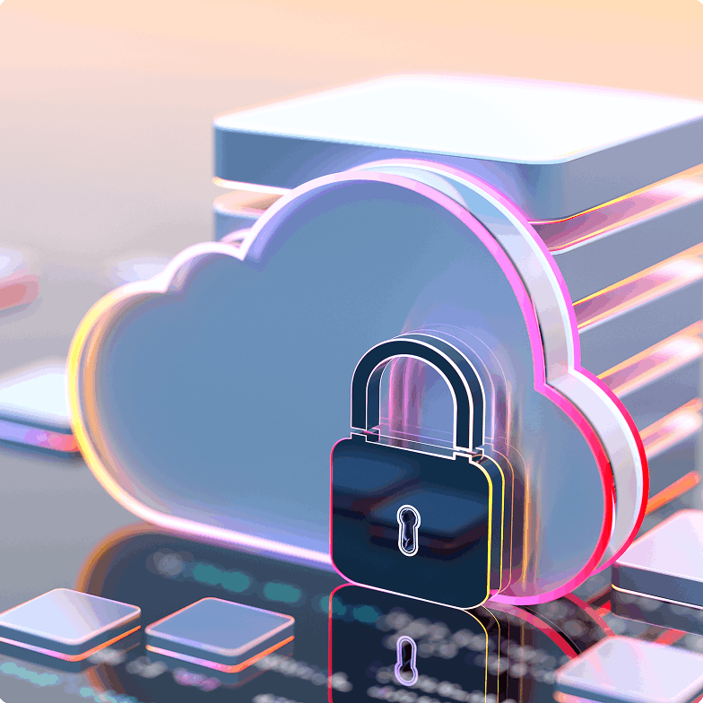jpeg-optimizer_service section 2 img A stylized cloud symbol with a padlock, representing cloud security, is displayed against a digital background with overlapping rectangular shapes.